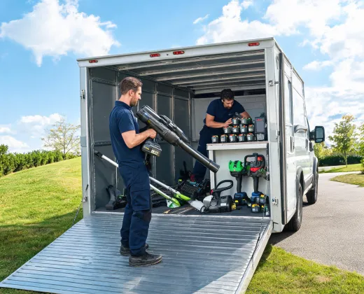Property maintenance crew with cordless tools